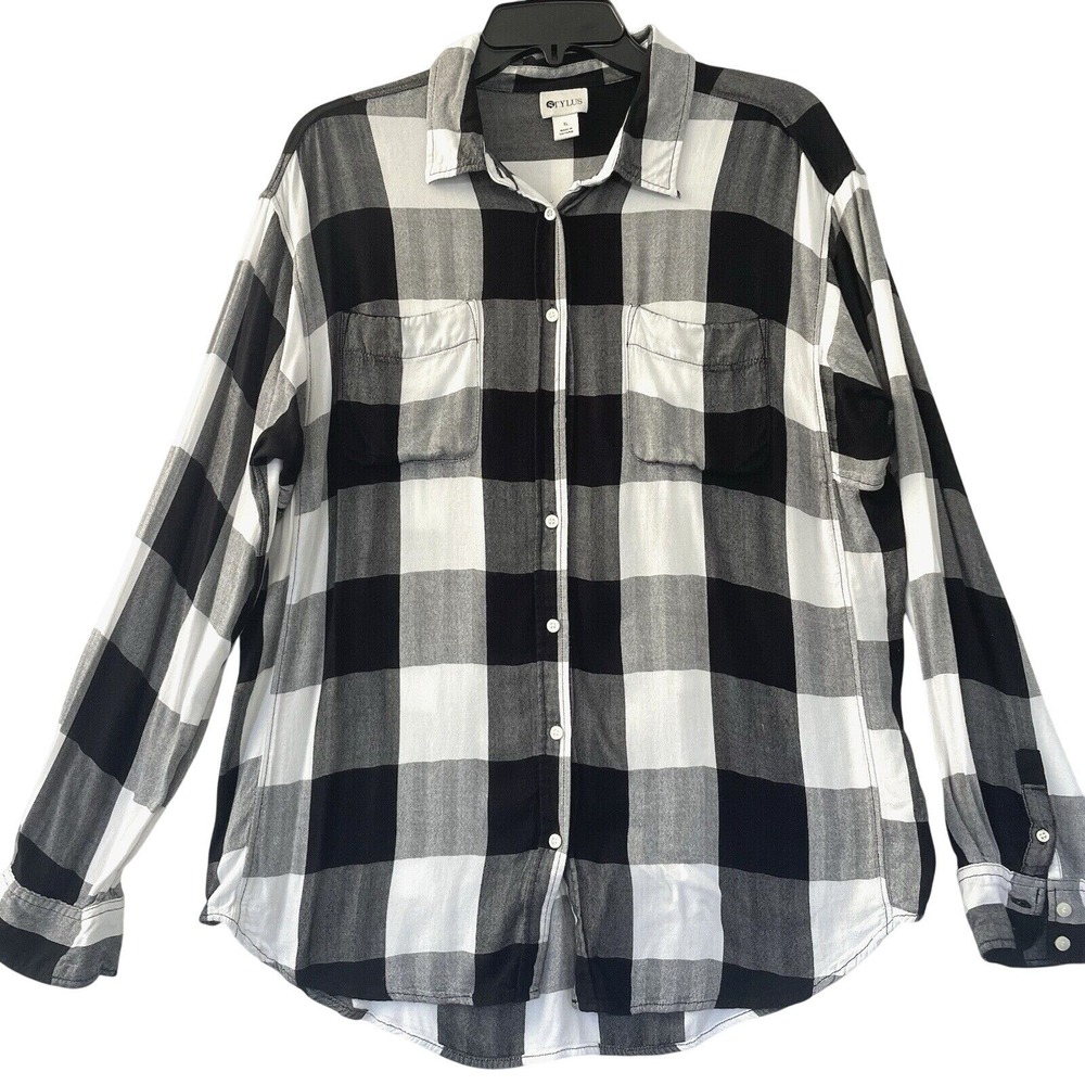 Stylus Womens XL Plaid Button Down Shirt  Black White Rayon Buffalo Check